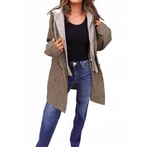 NEW HEM & THREAD plaid detachable hoodie two-fer coat in brown